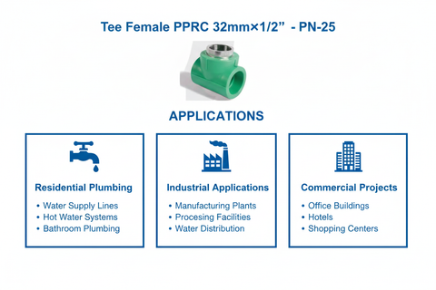 Tee Female PPRC PN-25 32mm×1/2 inch Applications