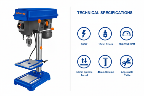 Wadfow WDP15350 Technical Specifications - 350W Power, 13mm Chuck, 5 Speed