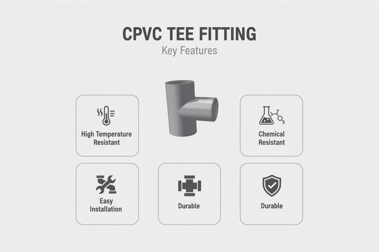 Gray CPVC Tee Features - High Temperature Resistant, Chemical Resistant, Easy Installation, Durable