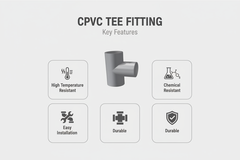 Gray CPVC Tee Features - High Temperature Resistant, Chemical Resistant, Easy Installation, Durable