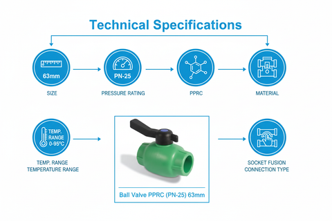 Ball Valve PPRC PN-25 63mm Technical Specifications
