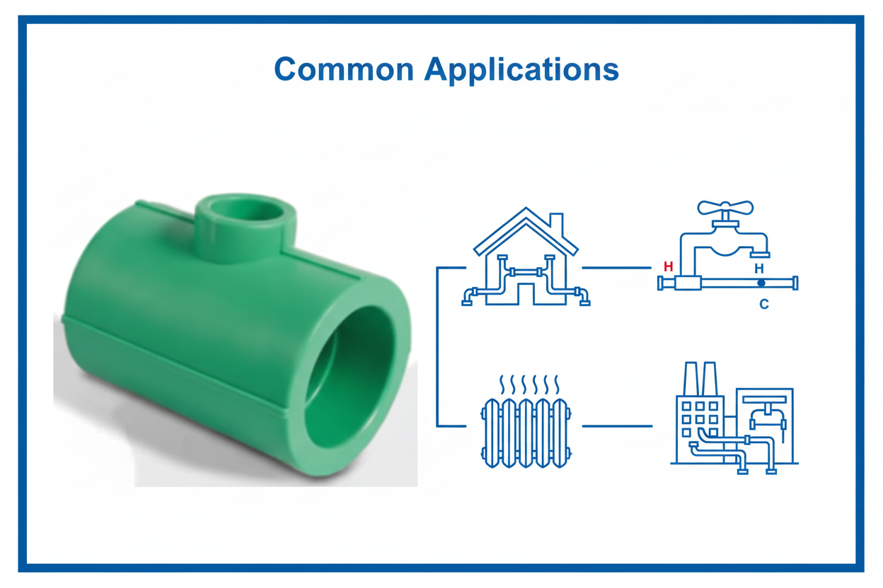 Common applications for reducing tee PPRc 50mm×32mm in plumbing systems