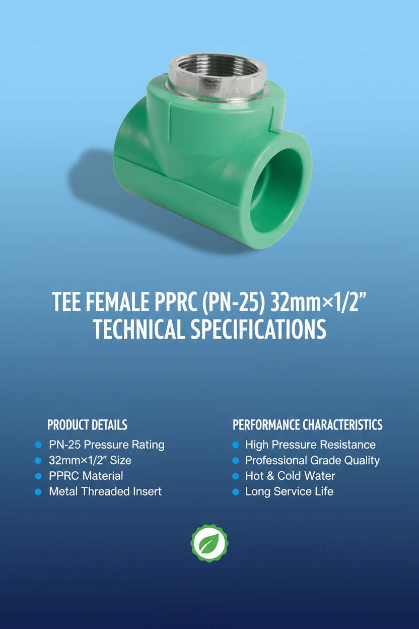 Tee Female PPRC PN-25 32mm×1/2 inch Technical Specifications