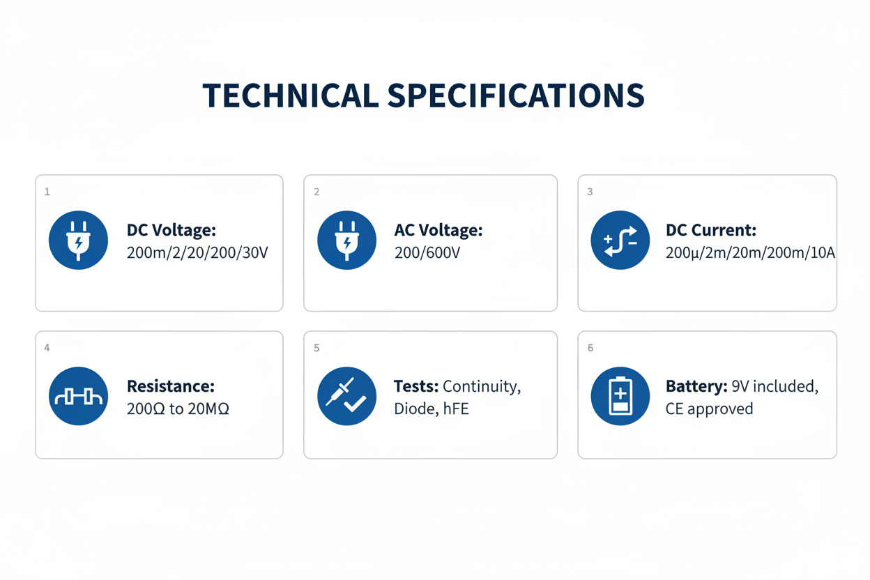 Technical specifications - DC/AC voltage, DC current, resistance, continuity/diode/hFE tests