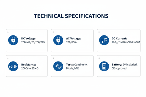 Technical specifications - DC/AC voltage, DC current, resistance, continuity/diode/hFE tests