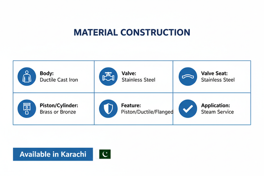 Material construction - ductile cast iron body, stainless steel valve, brass bronze piston