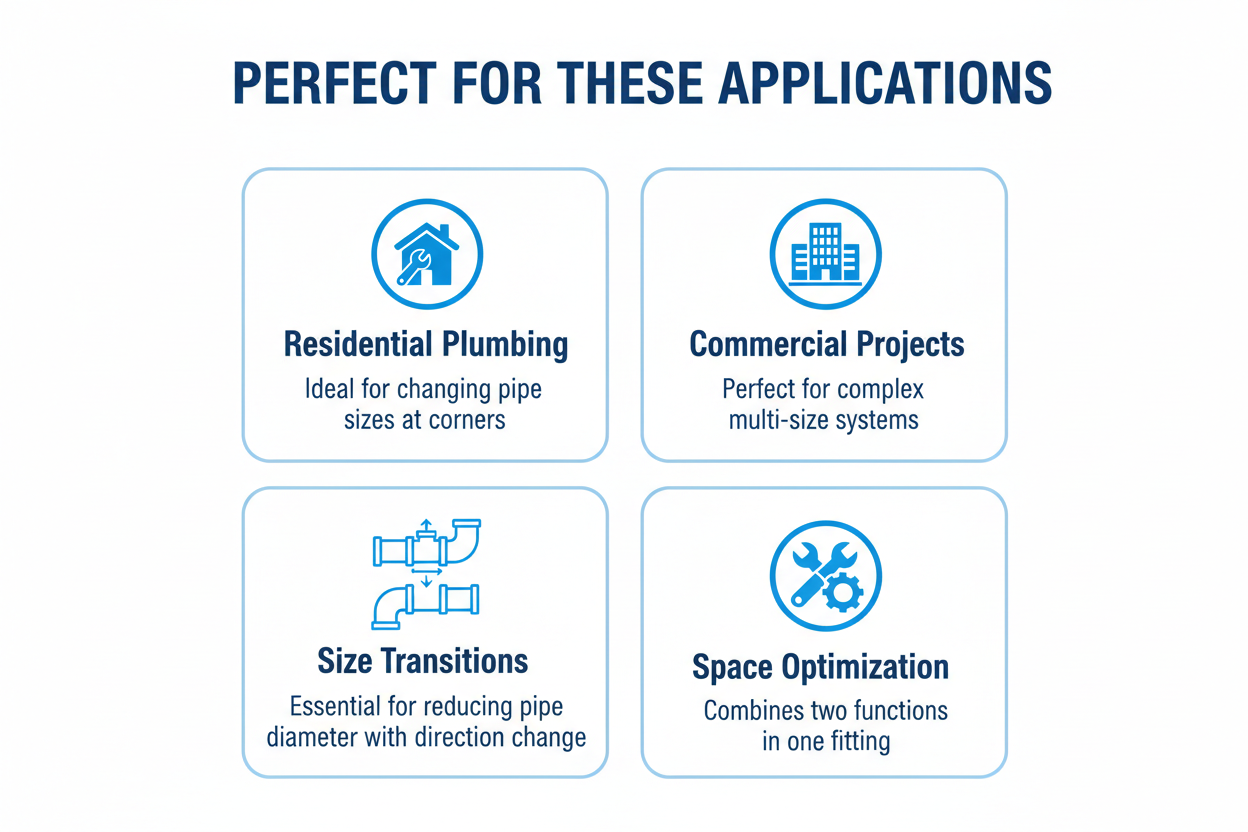 Applications for G.I Fitting Reducer Elbow - residential plumbing, commercial projects, size transitions, space optimization