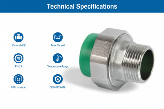 Technical specifications for union male adaptor PPRc 50mm×1-1/2" PN-25