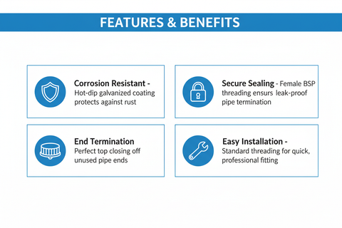 Features and benefits of G.I. Fitting End Cap - corrosion resistant, female BSP threading, secure sealing, easy installation
