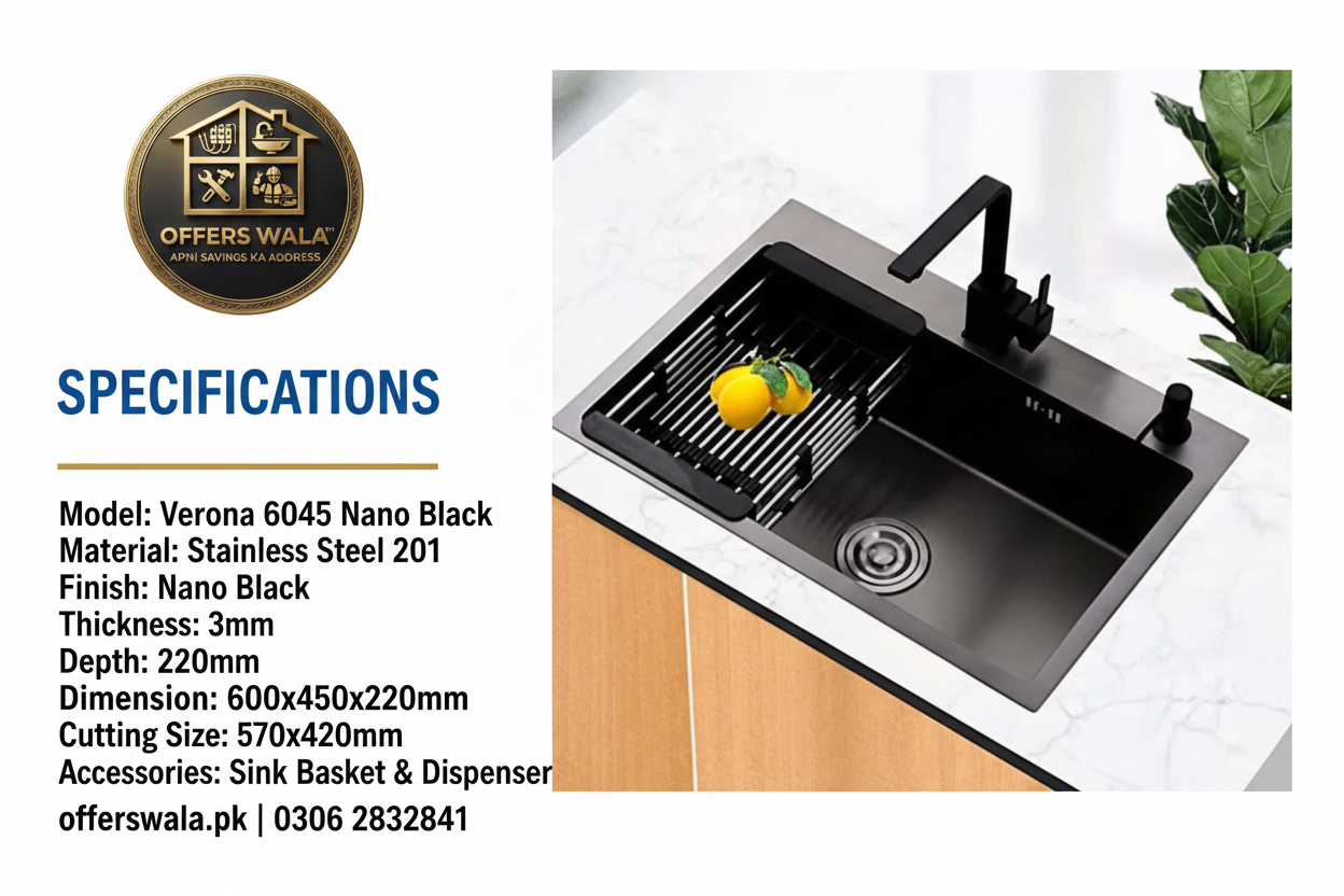 Verona Kitchen Sink 6045 Nano Black Specifications Banner