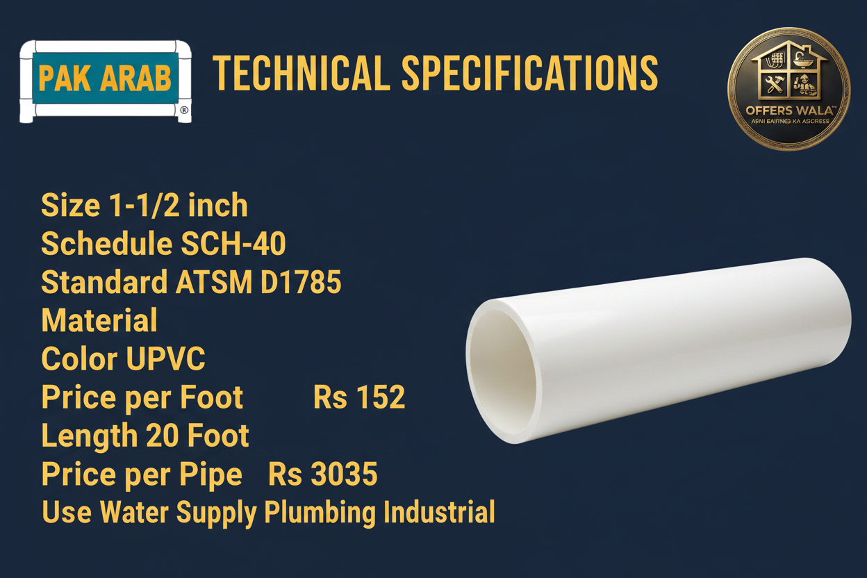 Pak Arab UPVC Pipe 1-1/2 inch SCH-40 White Technical Specifications