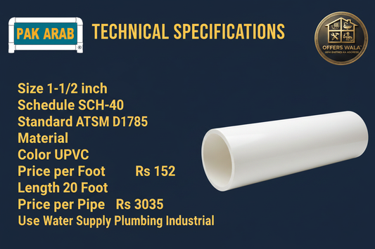 Pak Arab UPVC Pipe 1-1/2 inch SCH-40 White Technical Specifications