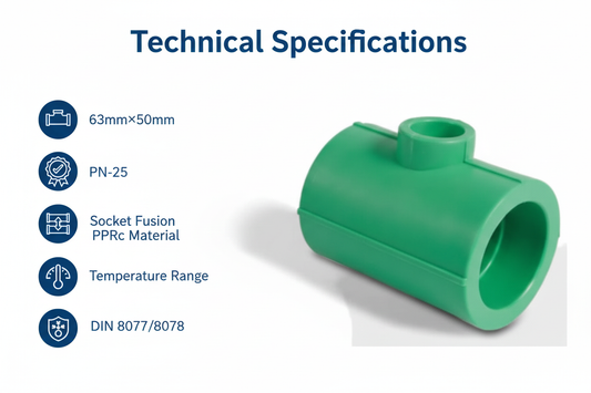 Technical specifications for reducing tee PPRc 63mm×50mm PN-25