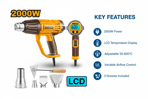 Ingco HG200058 Features & Benefits - LCD Display, Adjustable Temperature, Variable Airflow