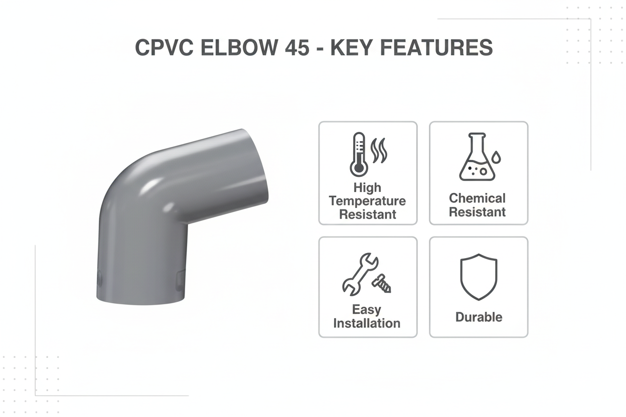 Gray CPVC Elbow 45 Features - High Temperature Resistant, Chemical Resistant, Easy Installation, Durable