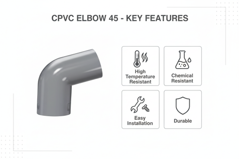 Gray CPVC Elbow 45 Features - High Temperature Resistant, Chemical Resistant, Easy Installation, Durable