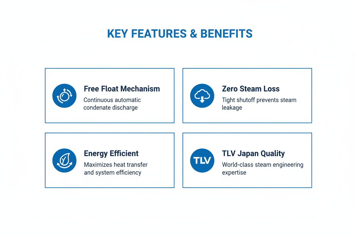 Key features - free float mechanism, zero steam loss, energy efficient, TLV Japan quality