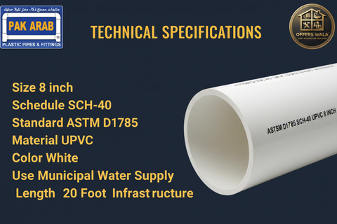 Pak Arab UPVC Pipe 8 inch SCH-40 White Technical Specifications