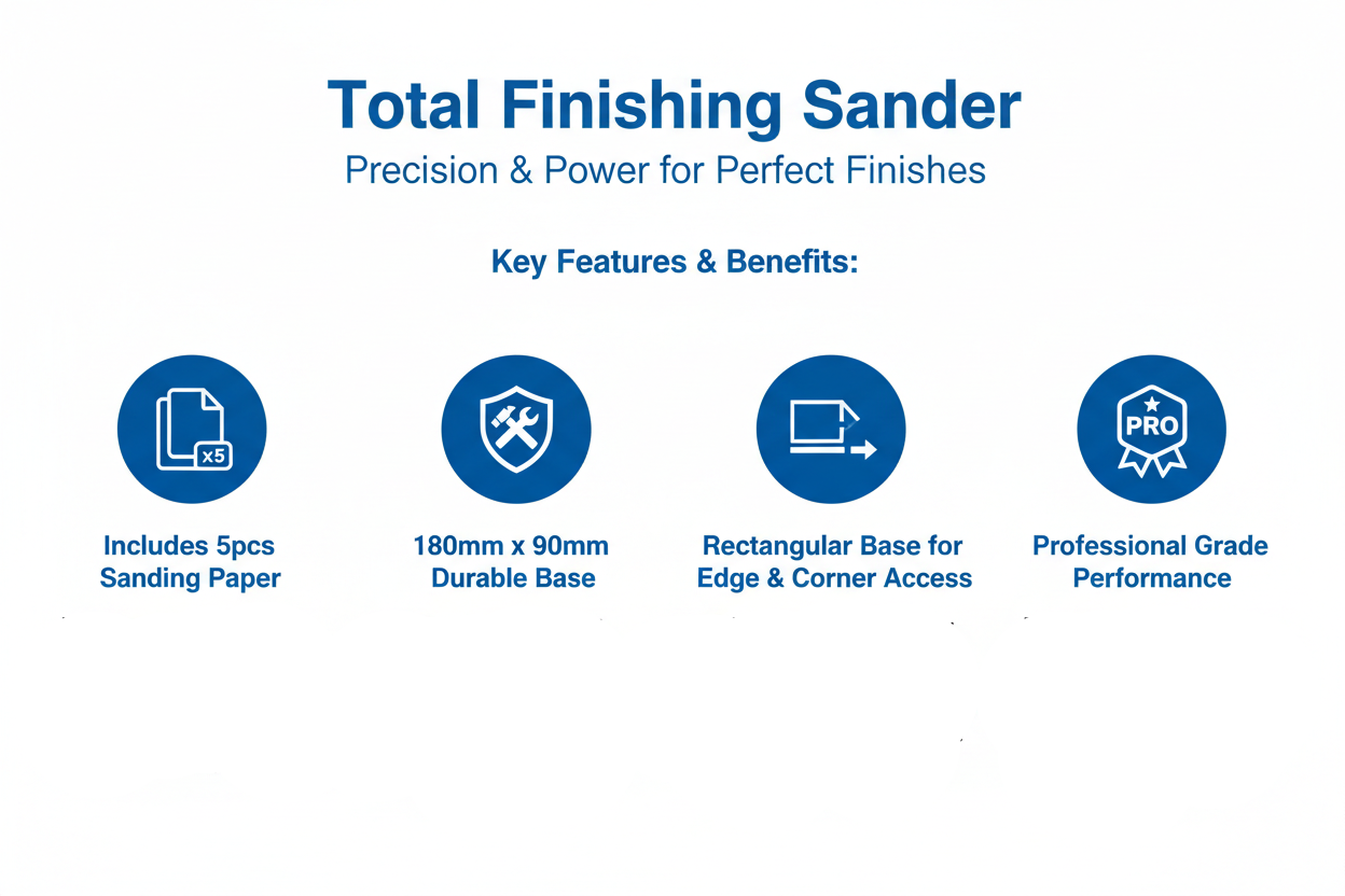 Total Finishing Sander Features - 5pcs Sanding Paper, Durable Aluminum Base