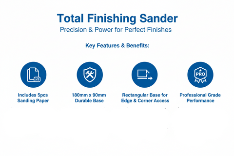 Total Finishing Sander Features - 5pcs Sanding Paper, Durable Aluminum Base