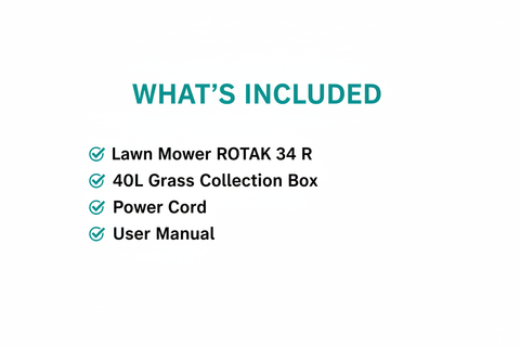 Bosch ROTAK 34 R Package Contents - Lawn Mower, 40L Grass Box, Power Cord