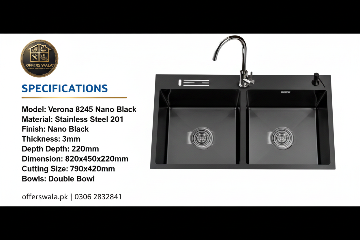 Verona Kitchen Sink 8245 Nano Black Specifications Banner