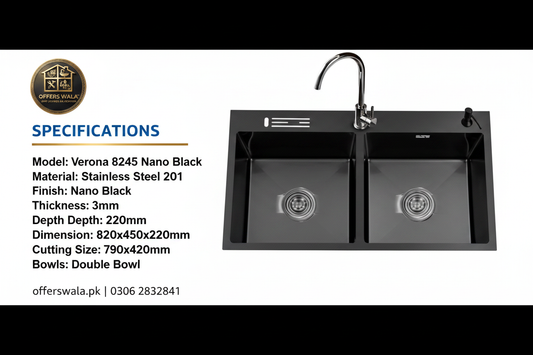 Verona Kitchen Sink 8245 Nano Black Specifications Banner