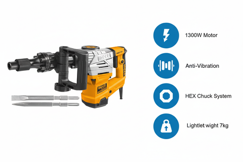 Ingco 1300W Features & Benefits - Anti-Vibration, HEX Chuck, Extra Carbon Brushes, Lightweight