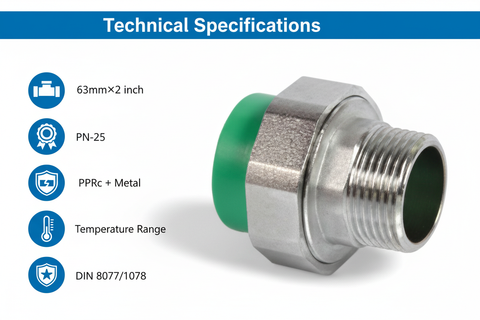 Technical specifications for union male adaptor PPRc 63mm×2" PN-25