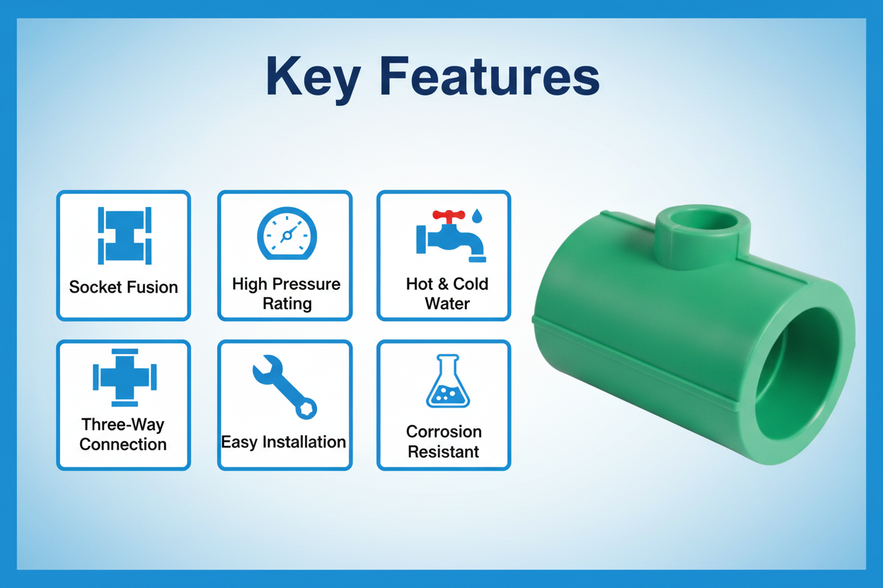 Features and benefits of PN-25 certified reducing tee PPRc fitting