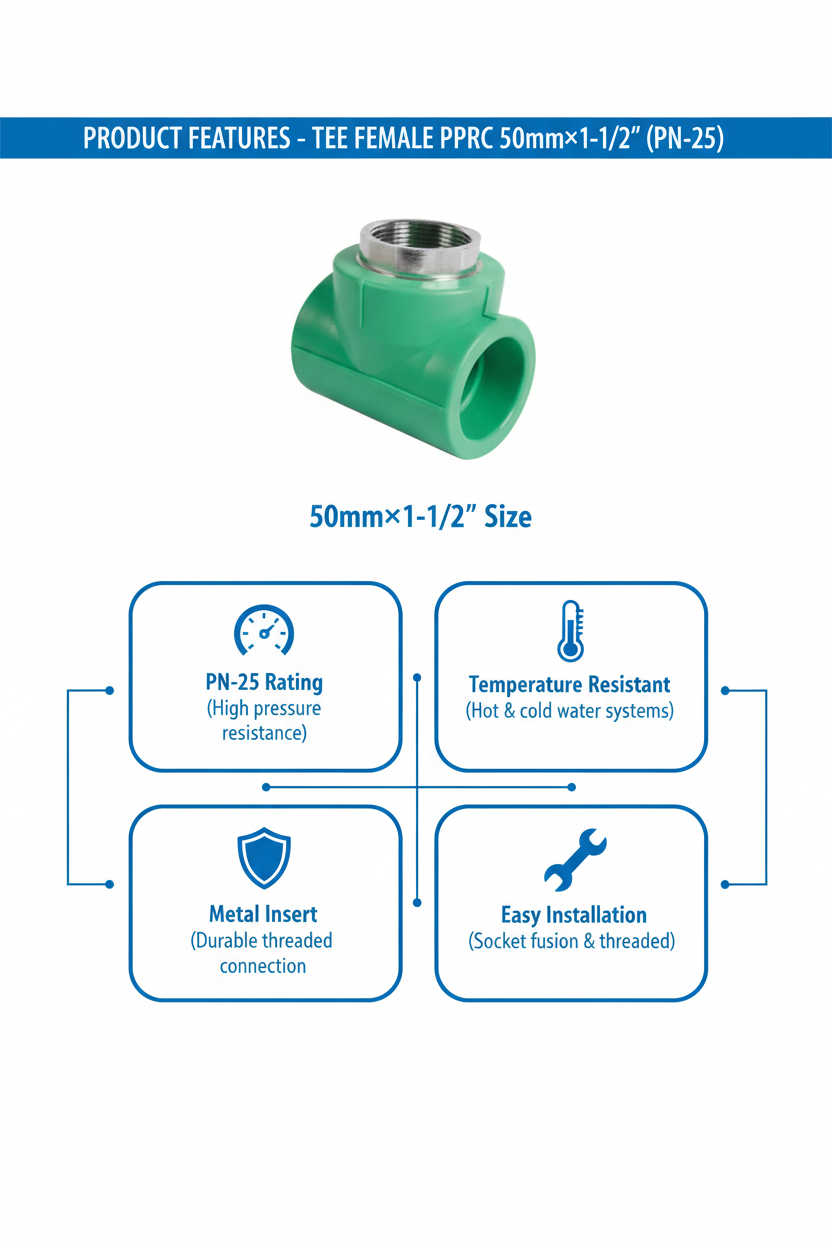 Tee Female PPRC PN-25 50mm×1-1/2 inch Product Features