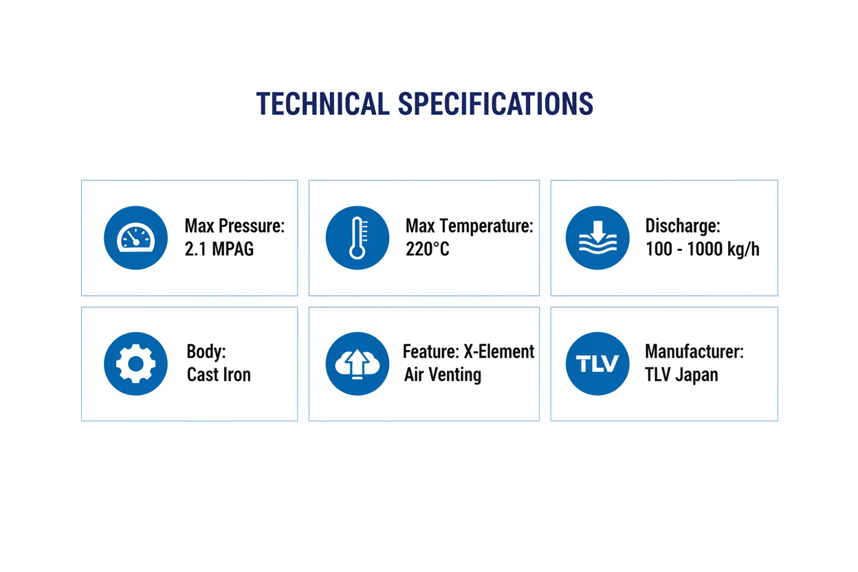Technical specifications - 2.1 MPaG max pressure, 220°C max temperature, 100-1000 kg/h discharge, cast iron body