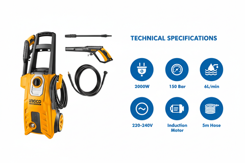 Ingco HPWR20008 Technical Specifications - 2000W Power, 150 Bar, 6L/min Flow