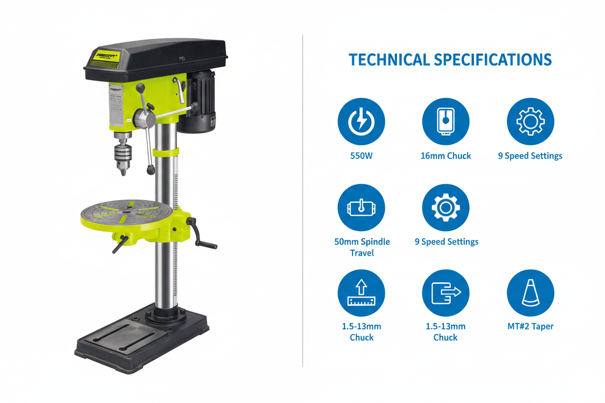 Prescott PT2101602 Technical Specifications - 550W Power, 16mm Chuck, 9 Speed