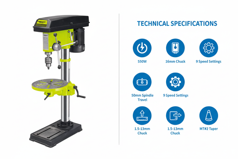 Prescott PT2101602 Technical Specifications - 550W Power, 16mm Chuck, 9 Speed