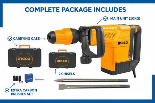 Ingco 1500W Complete Package - Breaker, 2 Chisels, Extra Carbon Brushes, Carrying Case
