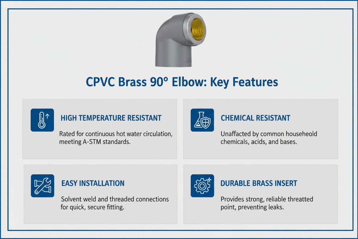 CPVC Brass Elbow Features - High Temperature Resistant, Chemical Resistant, Easy Installation, Durable