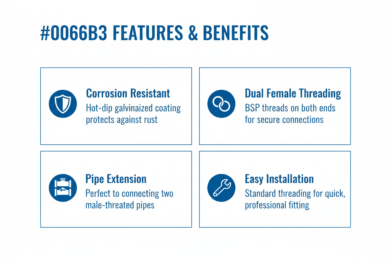 Features and benefits of G.I Fitting Socket - corrosion resistant, dual female threading, pipe extension, easy installation