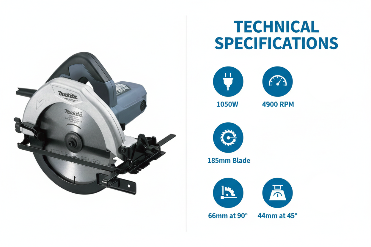Makita M5801G Technical Specifications - 1050W Power, 4900 RPM, 185mm Blade