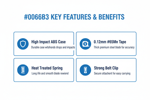 Key features - high impact ABS case, 0.12mm #65Mn tape, heat treated spring, strong belt clip