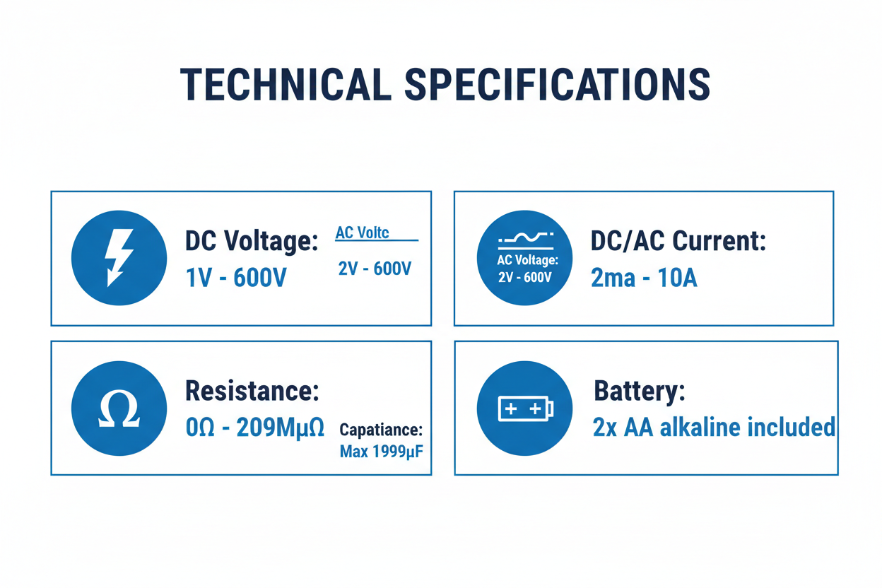 Technical specifications - DC/AC voltage, DC/AC current, resistance, capacitance up to 1999µF