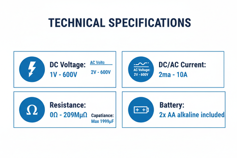 Technical specifications - DC/AC voltage, DC/AC current, resistance, capacitance up to 1999µF