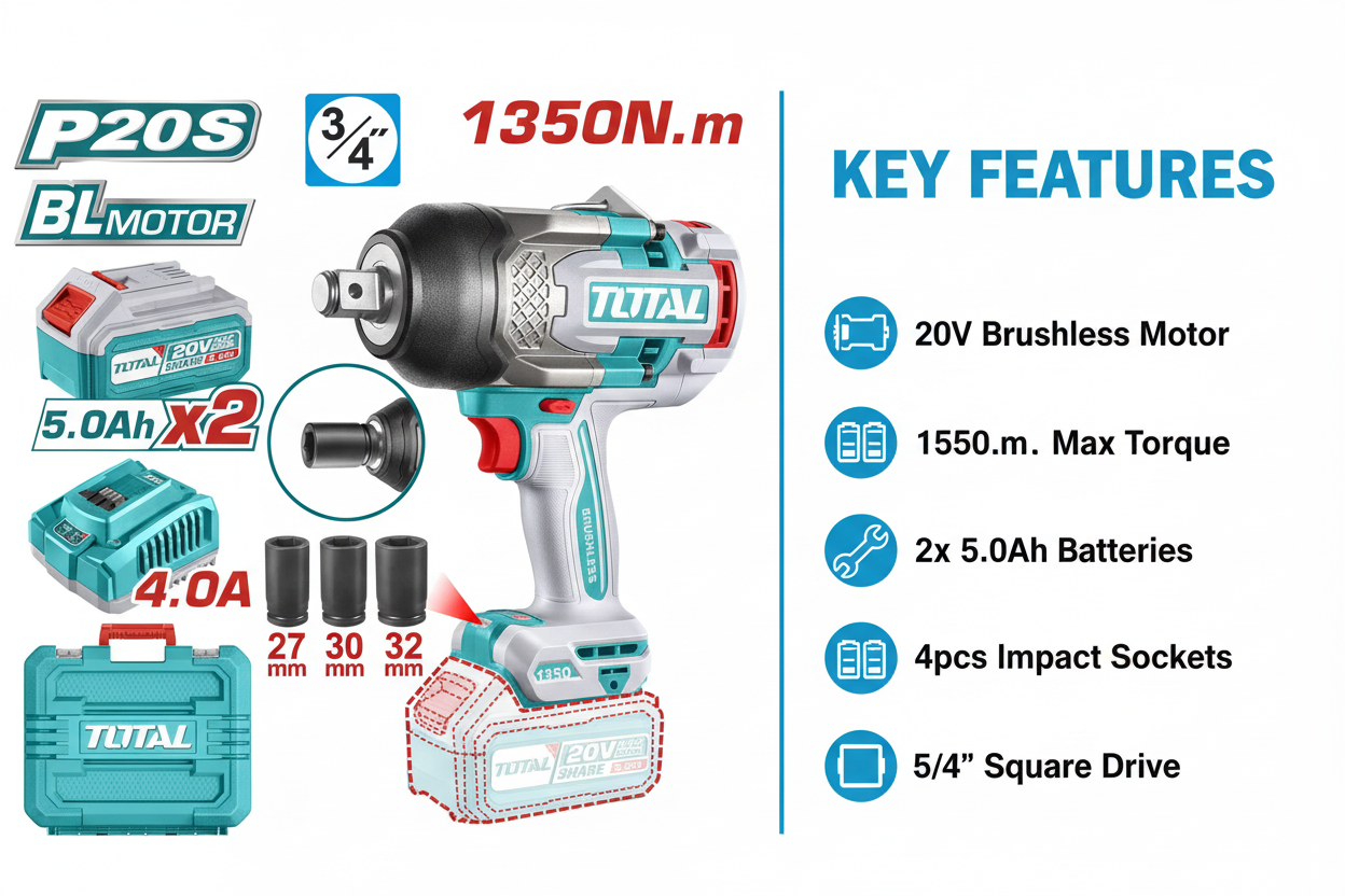 Total TIWLI20135 Features & Benefits - Brushless Motor, 2x 5.0Ah Batteries, 1350N.m