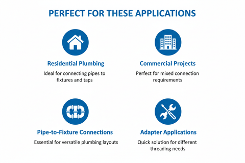 Applications for Elbow M/F G.I. Fitting - residential plumbing, commercial projects, pipe-to-fixture connections, adapter applications