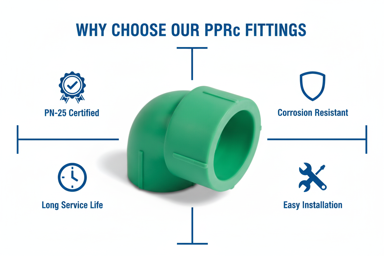 Features and benefits of PN-25 certified reducing elbow PPRc fitting