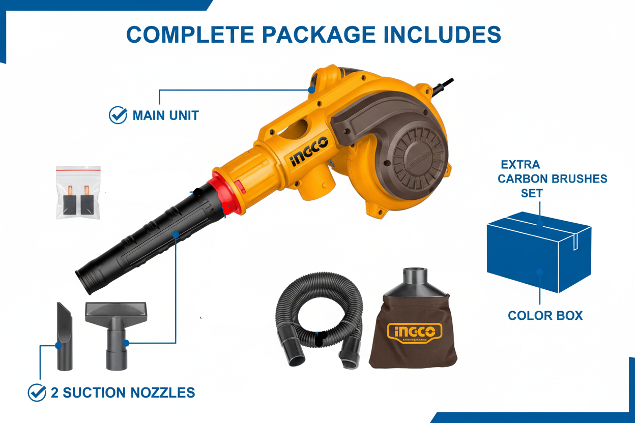 Ingco AB8038 Complete Package - Blower, Dust Bag, Flexible Tube, 2 Nozzles, Extra Carbon Brushes