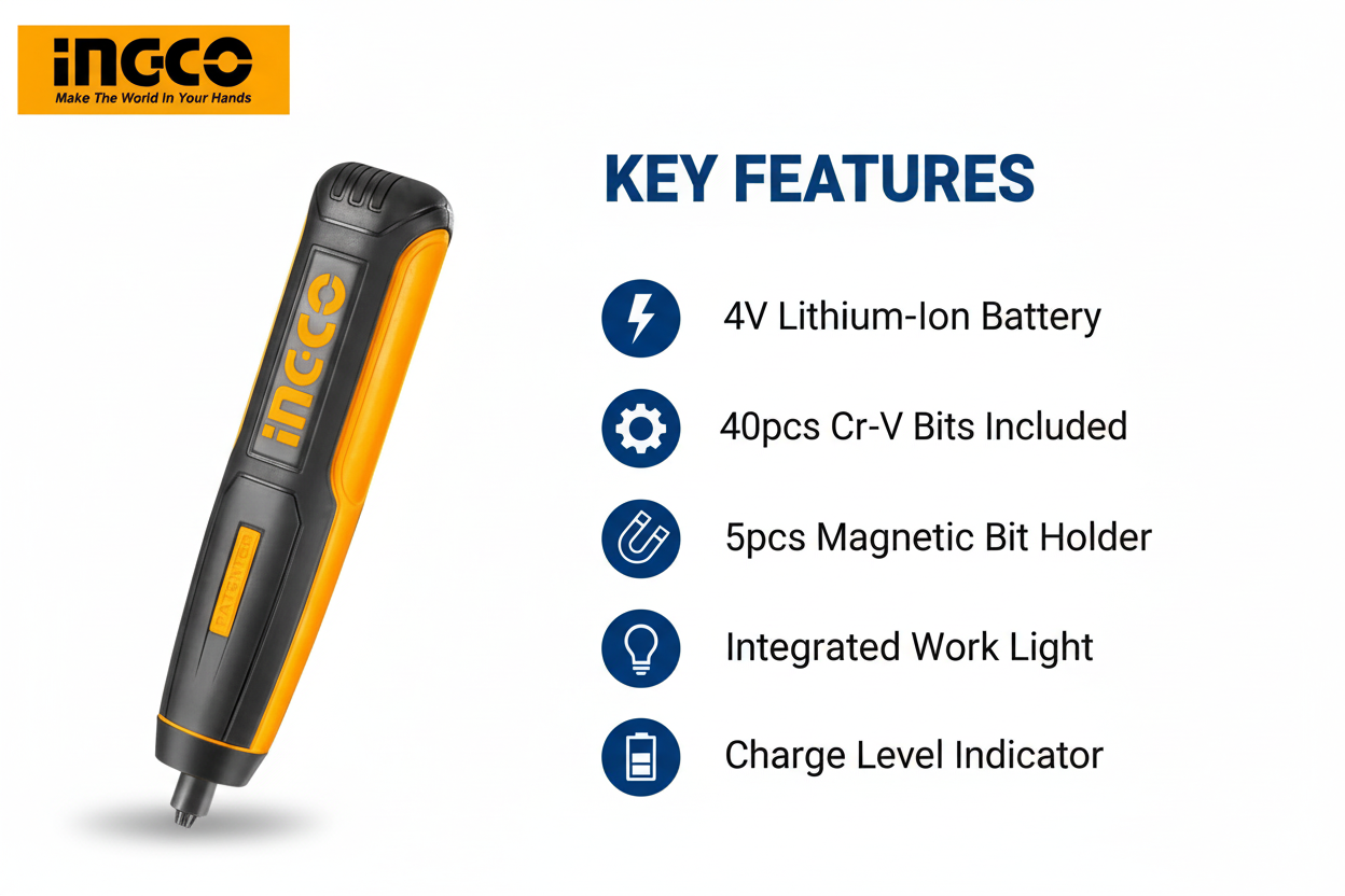 Ingco CSDLI0403 Features & Benefits - 40pcs Bits, Magnetic Holder, LED Light