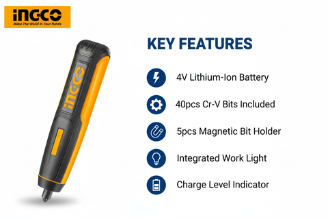 Ingco CSDLI0403 Features & Benefits - 40pcs Bits, Magnetic Holder, LED Light