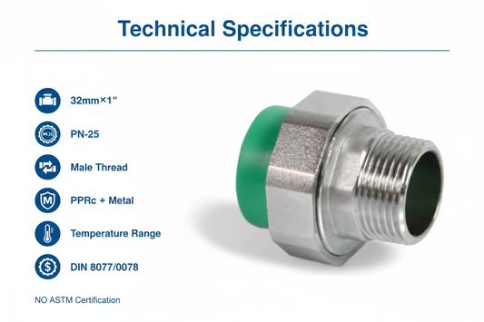 Technical specifications for union male adaptor PPRc 32mm×1" PN-25