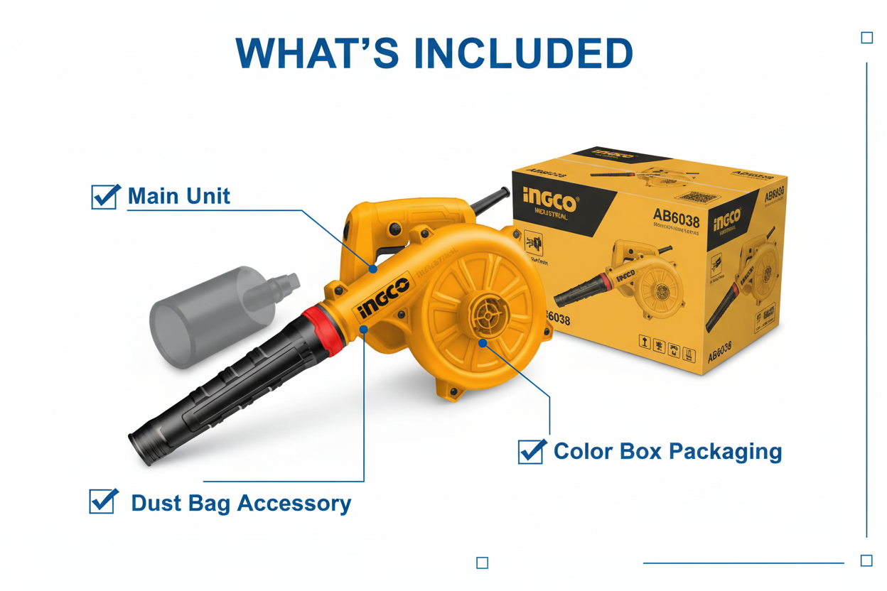 Ingco AB6038 Package Contents - Blower Unit, Dust Bag, Color Box Packaging